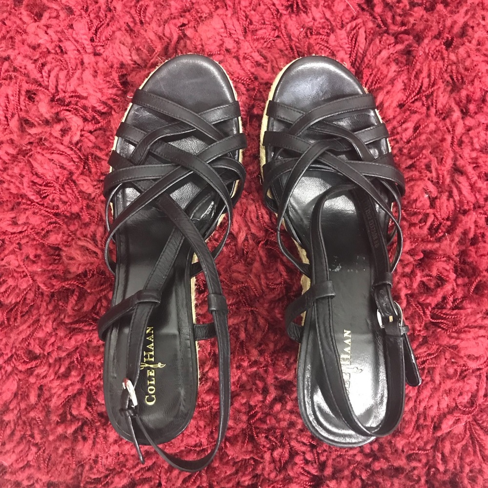 Black Cole Haan Strappy Wedge Sandals - Picture 2 of 5